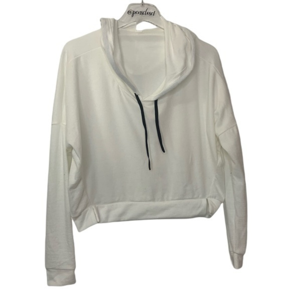 New Over The Limit White Cropped Hooded Long Sleeve Athleisure Sweatshirt